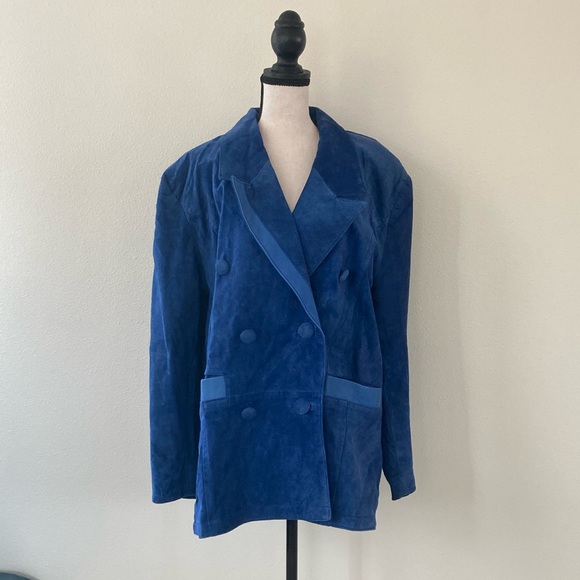 VINTAGE | Blue Suede 💙Leather Double Breasted Jacket Women’s Large - Picture 1 of 16